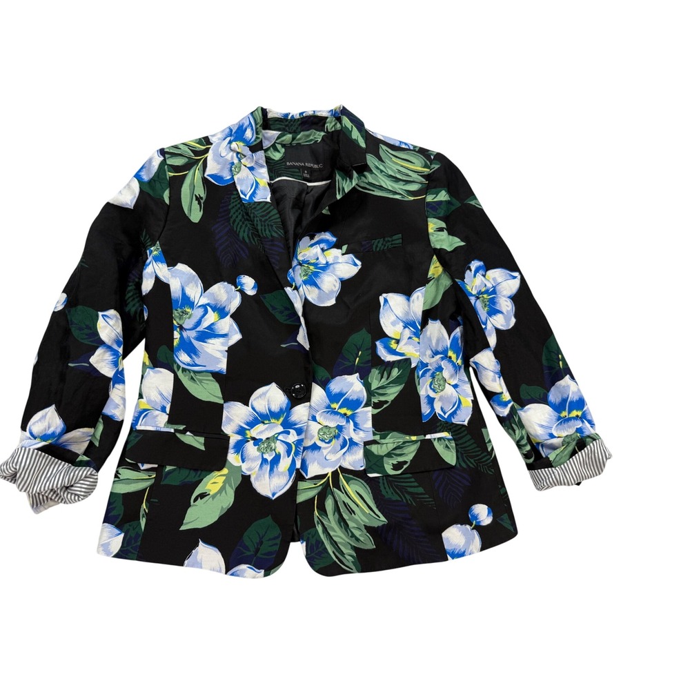 Banana Republic Blazer Womens 8 Black Floral Linen Blend Excellent Tropical